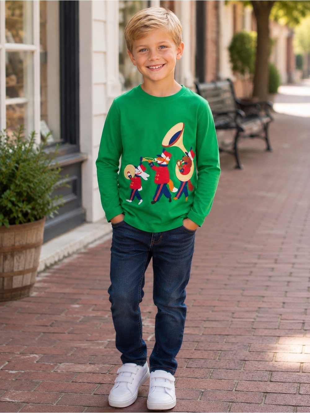 MINI BODEN GREEN LONG SLEEVE HIGHLAND MARCHING BAND TOP BOYS 8-9 NWT